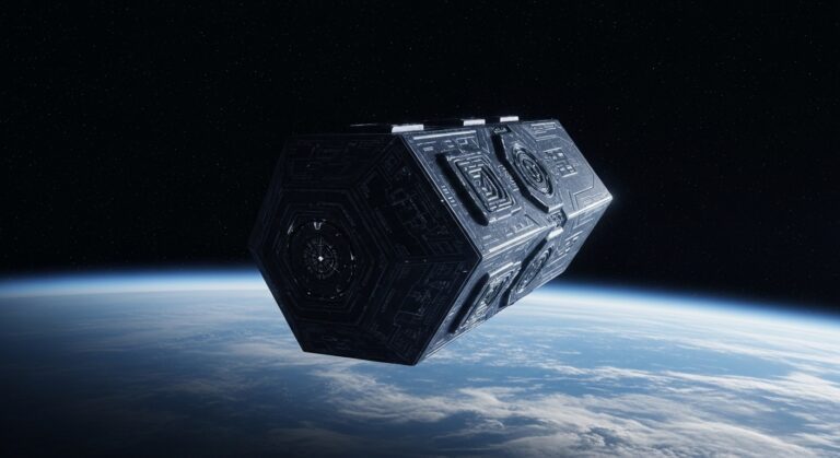 Futuristic spacecraft orbiting Earth, showcasing innovative design and advanced technology in a cosmic setting.
