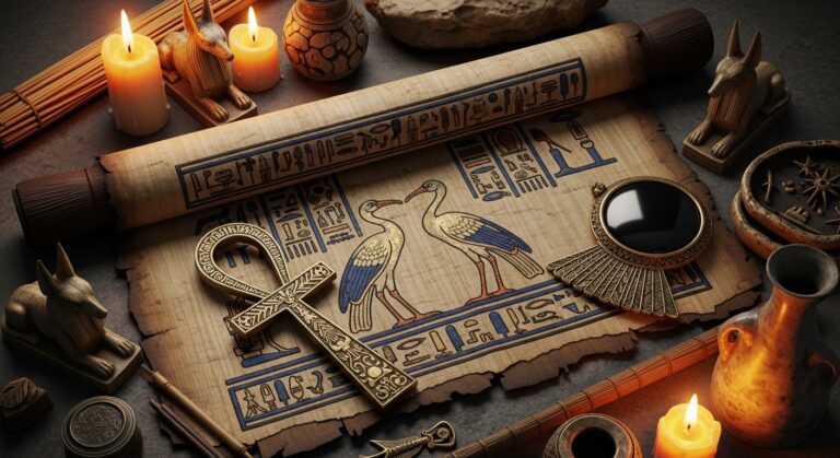 Ancient Egyptian artifacts including a papyrus scroll, ankh, and decorative items highlight the rich cultural heritage.