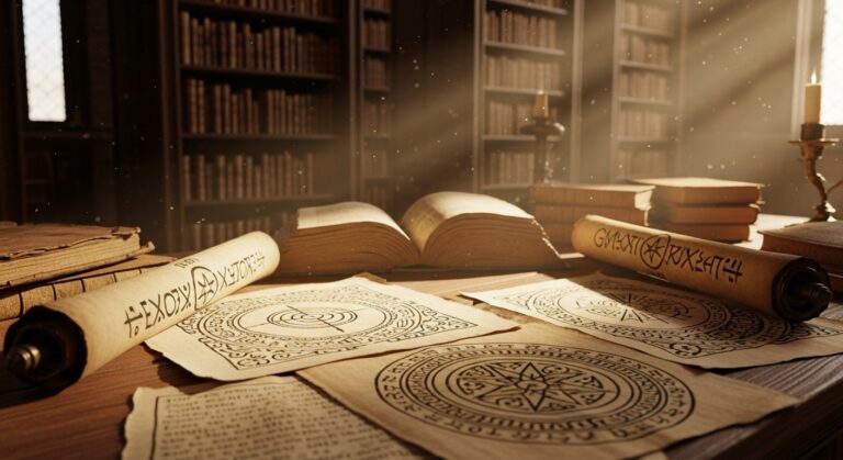 Ancient scrolls and mystical symbols laid on a wooden table in a dimly lit library, evoking a sense of arcane knowledge.