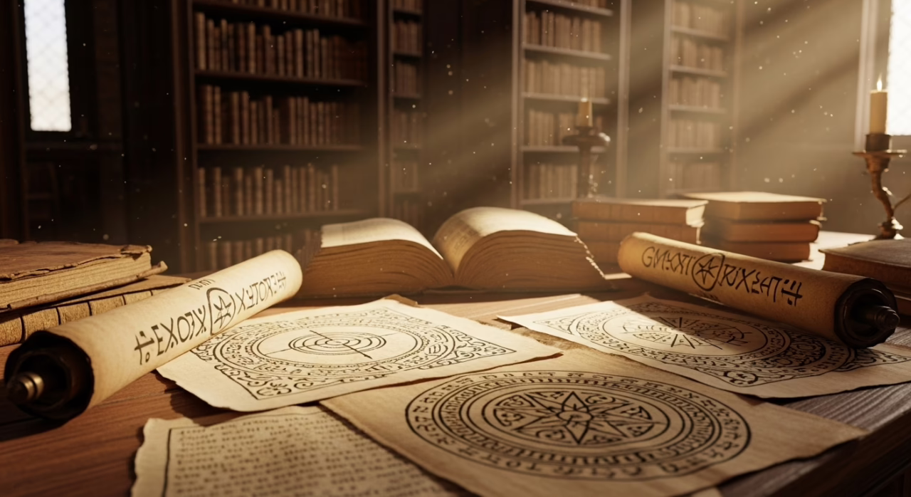Ancient scrolls and mystical symbols laid on a wooden table in a dimly lit library, evoking a sense of arcane knowledge.