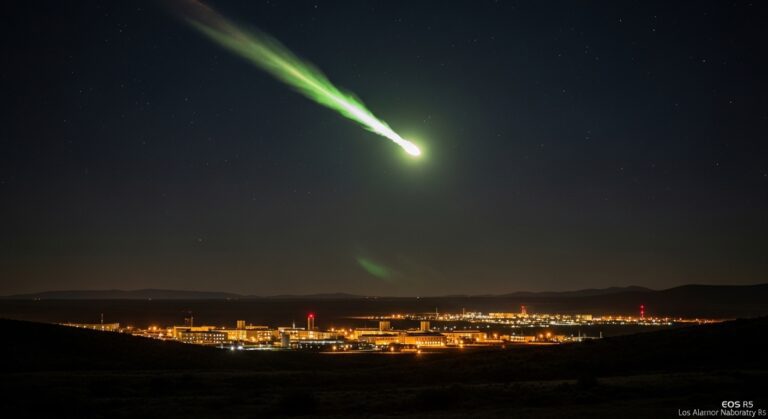 Green meteor streaking across a starry night sky above a glowing cityscape, highlighting a cosmic event near Los Alamos.