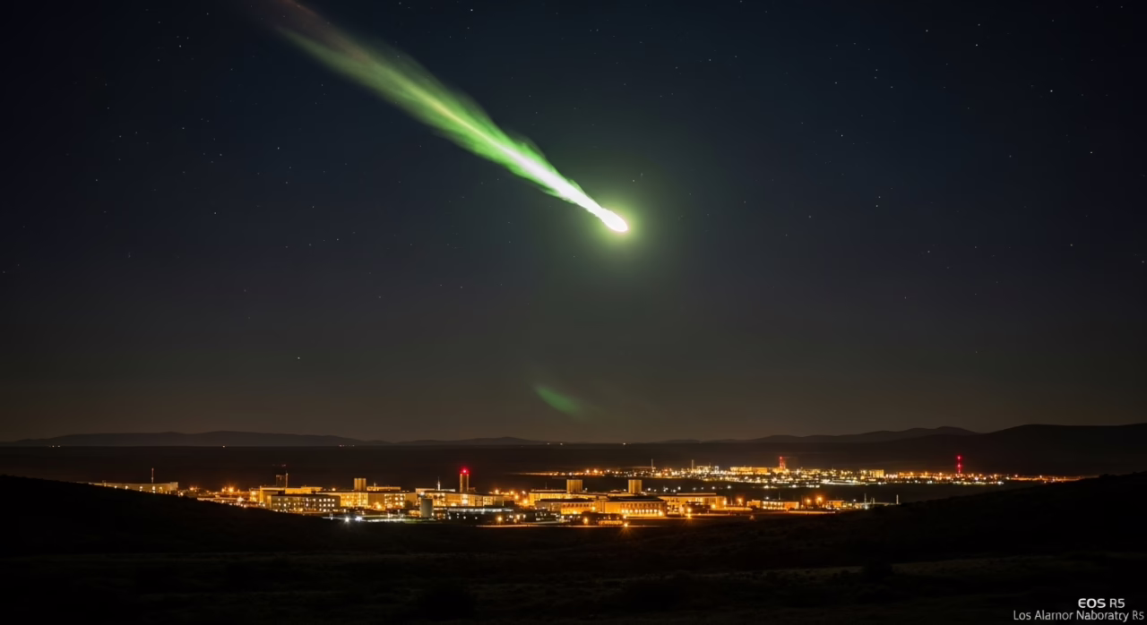 Green meteor streaking across a starry night sky above a glowing cityscape, highlighting a cosmic event near Los Alamos.