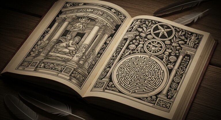 Intricate vintage illustration depicting mythological figures and a labyrinth, symbolizing exploration and creativity in literature.