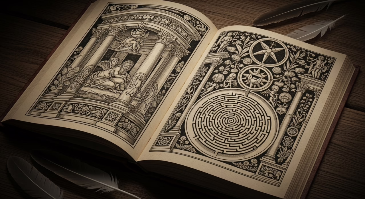 Intricate vintage illustration depicting mythological figures and a labyrinth, symbolizing exploration and creativity in literature.