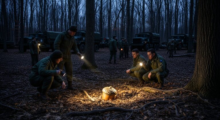 Soldiers in a dark forest investigate a glowing object, surrounded by military vehicles and beams of flashlight light.