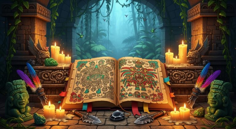 Ancient Mayan artifact book open in a lush jungle, surrounded by candles, colorful feathers, and mystical statues.