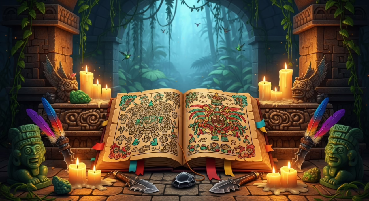 Ancient Mayan artifact book open in a lush jungle, surrounded by candles, colorful feathers, and mystical statues.