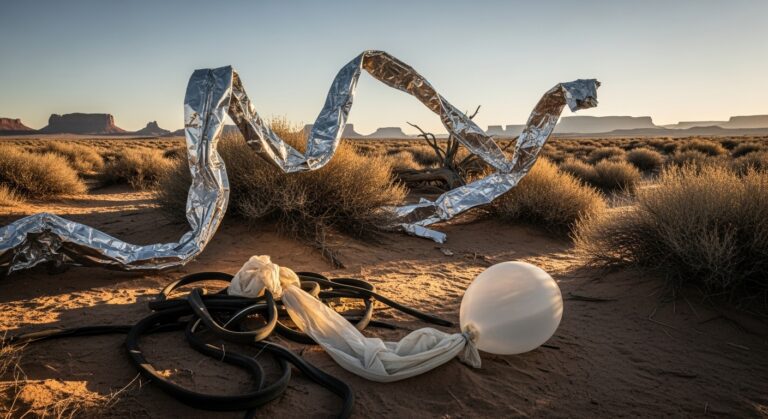 Surreal landscape featuring metallic ribbons and a white balloon, evoking themes of isolation and abstract art in nature.
