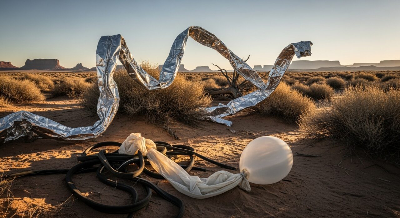 Surreal landscape featuring metallic ribbons and a white balloon, evoking themes of isolation and abstract art in nature.