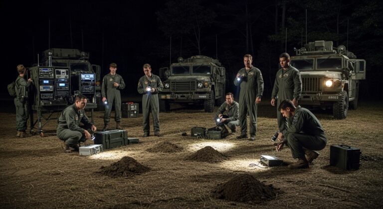 Military personnel conduct a night operation, using flashlights to investigate ground markers near tactical vehicles.