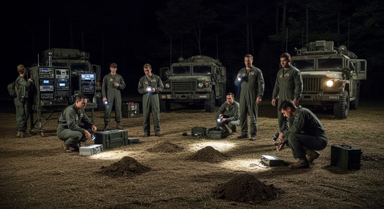 Military personnel conduct a night operation, using flashlights to investigate ground markers near tactical vehicles.