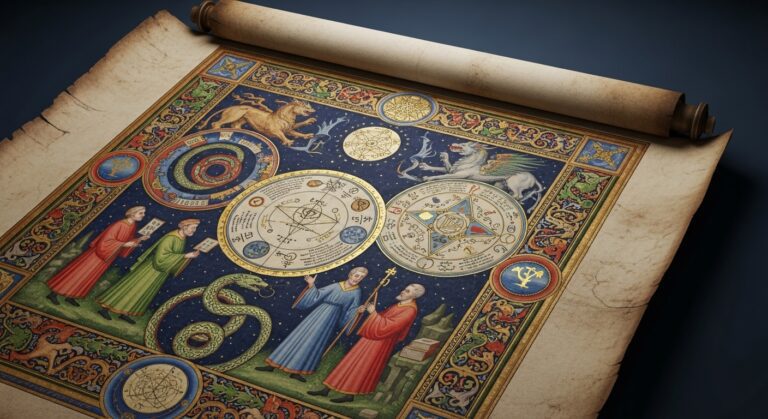 Astrological manuscript featuring historical figures, celestial charts, and mythical creatures, showcasing ancient astronomy concepts.