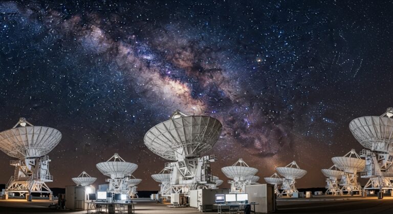 Radio telescopes gather data under a starry sky filled with the Milky Way, illustrating the pursuit of astronomical research.