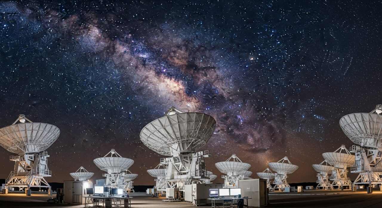 Radio telescopes gather data under a starry sky filled with the Milky Way, illustrating the pursuit of astronomical research.