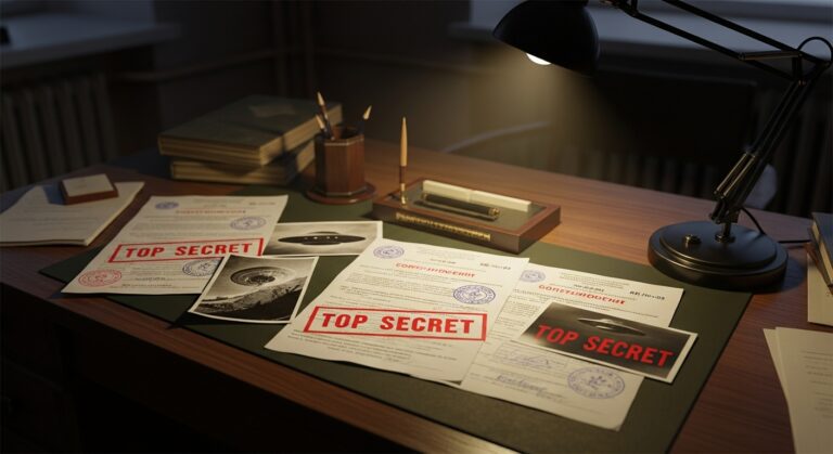 Confidential documents with "Top Secret" markings and UFO images on a desk, suggesting intrigue in government secrecy.
