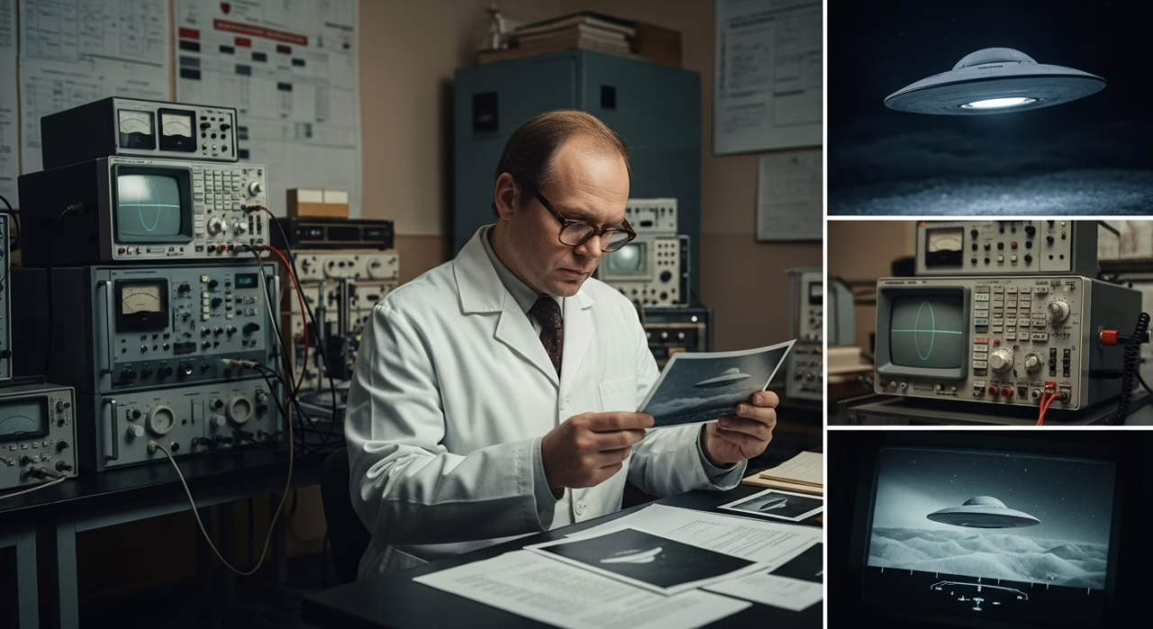 Scientist examining UFO research documents in a lab filled with vintage technology and charts on extraterrestrial studies.