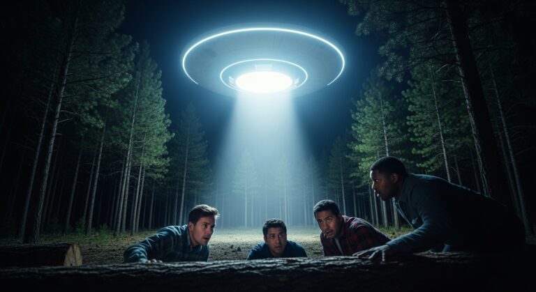 Four friends stare in awe at a glowing UFO beam illuminating a dark forest, capturing a moment of wonder and suspense.