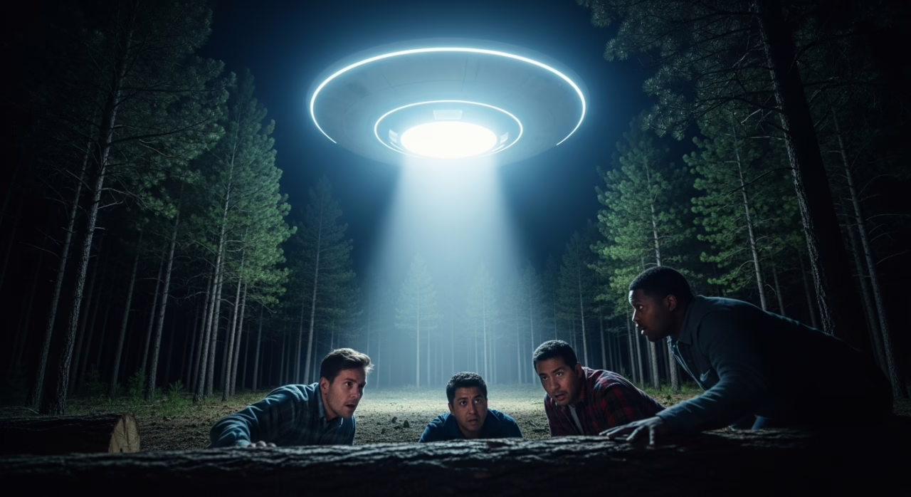 Four friends stare in awe at a glowing UFO beam illuminating a dark forest, capturing a moment of wonder and suspense.