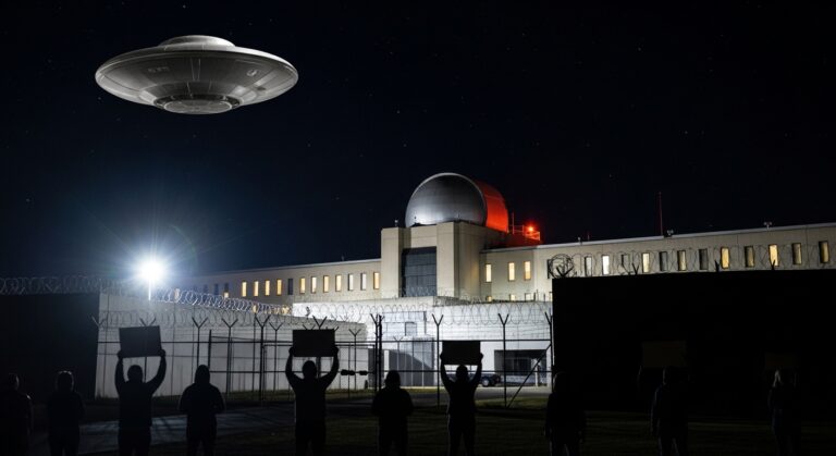 Protesters holding signs under a UFO illuminating an observatory at night, highlighting themes of alien life and curiosity.