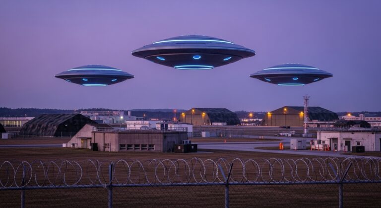 Three futuristic UFOs hovering above a military airfield at dusk, sparking intrigue and curiosity about extraterrestrial life.
