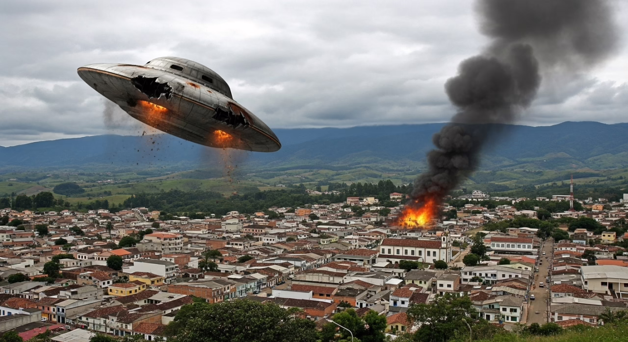 A UFO hovers over a town, unleashing destruction as flames and smoke rise into the sky, creating a chaotic scene.