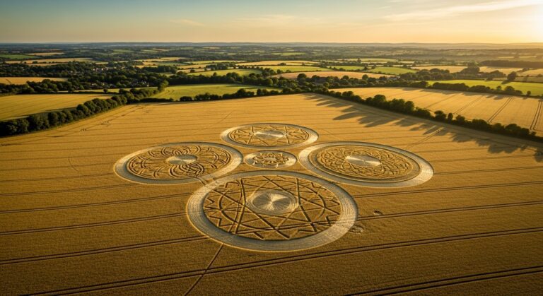Intricate crop circle designs form a stunning pattern in a golden wheat field, showcasing nature's artistic expression.