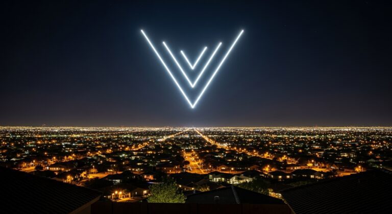 Illuminated logo shining over a cityscape at night, highlighting urban vibrancy and captivating visual artistry.