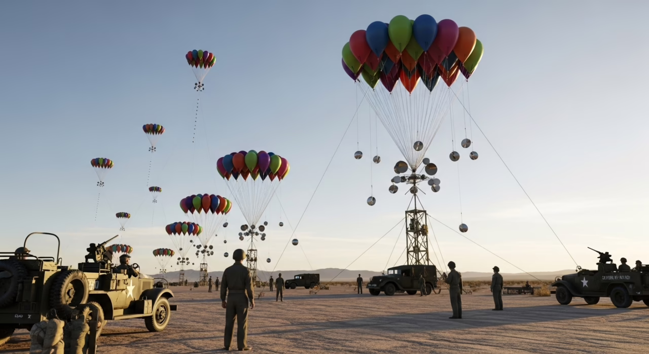 Military personnel observe colorful balloons descending in a desert landscape, symbolizing aerial supply drops and operations.