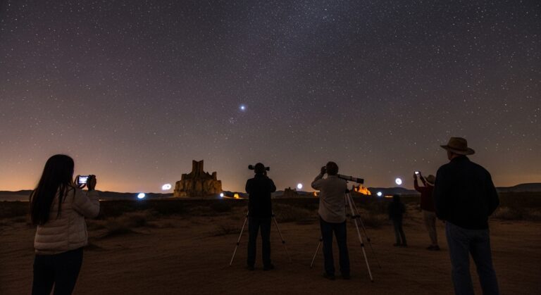 Astronomy enthusiasts observing a starry sky with telescopes near the iconic rock formations of Monument Valley.