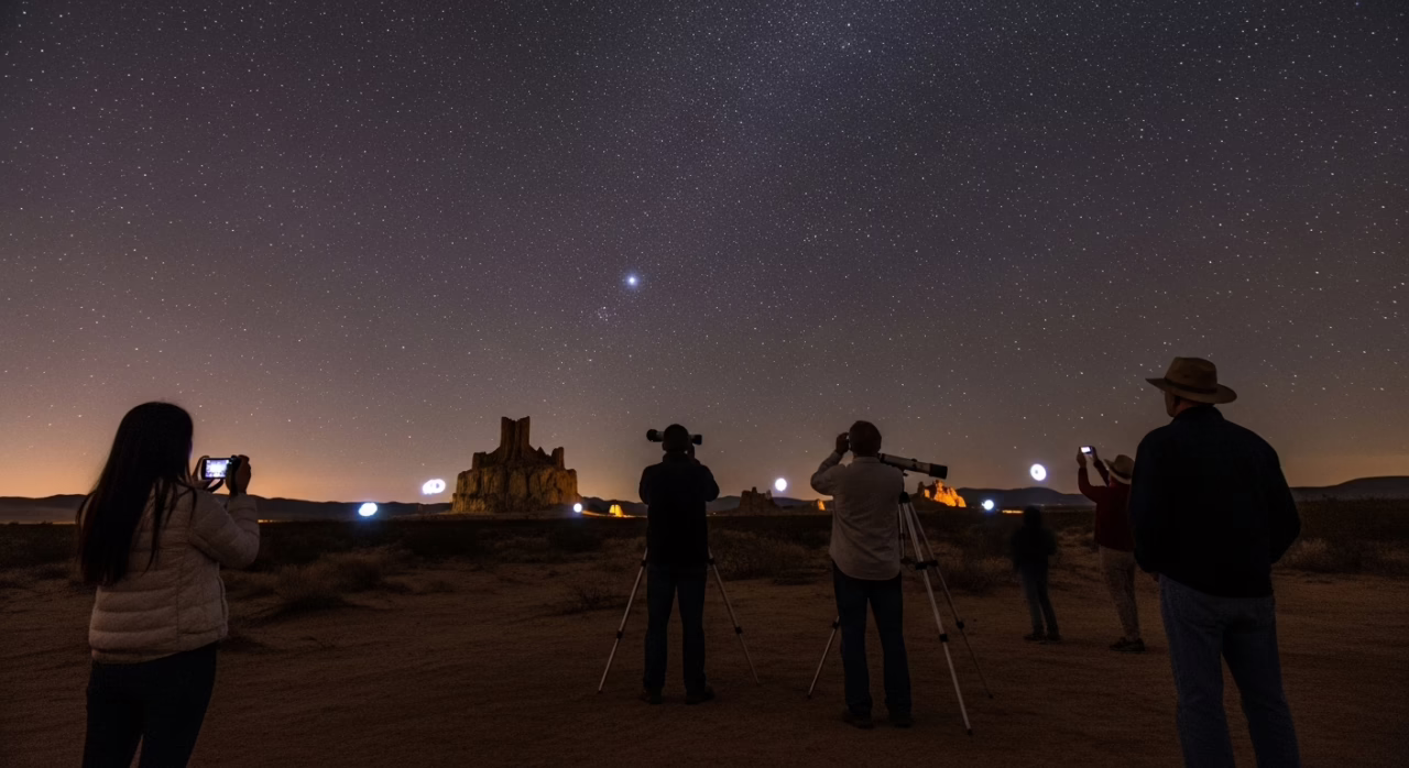 Astronomy enthusiasts observing a starry sky with telescopes near the iconic rock formations of Monument Valley.