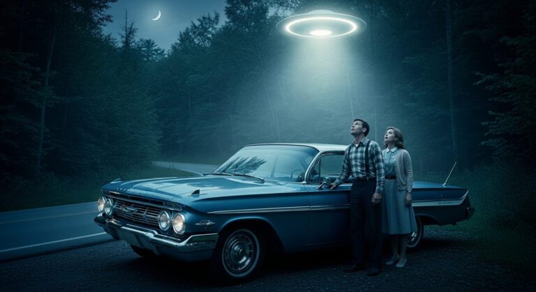 Couple gazes in awe at a UFO hovering above their vintage car under a moonlit sky, evoking a sense of wonder and mystery.