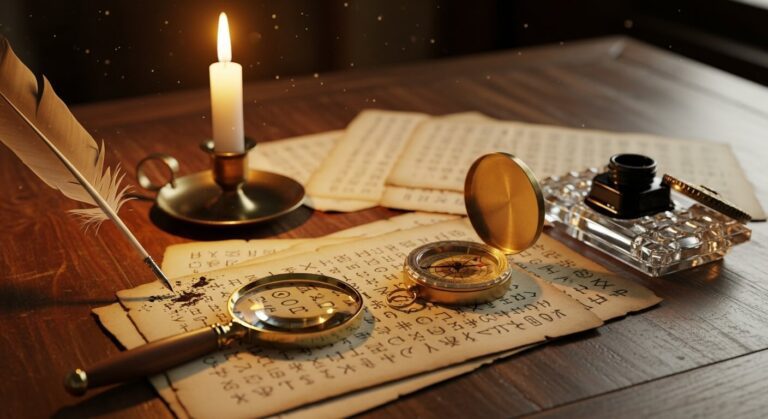 Vintage writing tools, including a compass, candle, and ink, create a warm, nostalgic atmosphere of exploration and discovery.