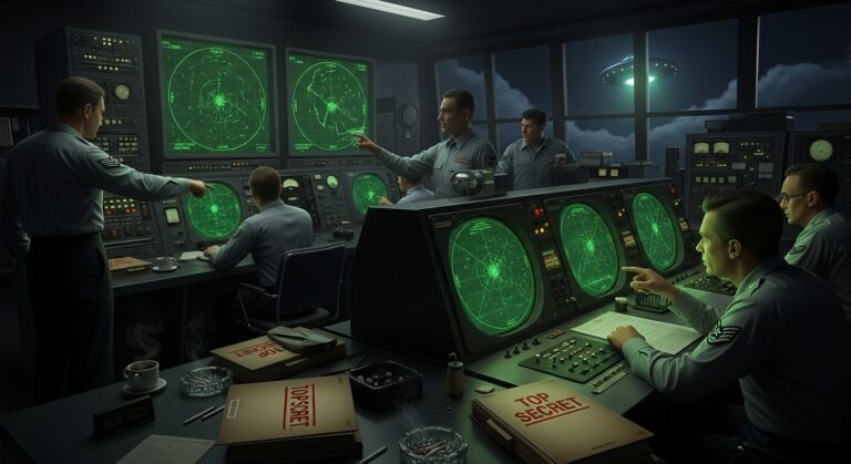Soldiers monitor radar screens in a secret military control room, tracking unidentified flying objects at night.